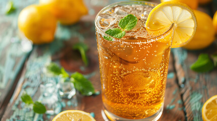 Fototapeta premium a refreshing glass of kombucha with visible bubbles, garnished with a slice of lemon and mint, set on a rustic wooden table with a background of fresh lemons and herbs