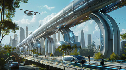 Futuristic transportation hub featuring hyperloop trains and autonomous flying vehicles for rapid urban mobility. Advanced infrastructure for efficient, high-speed travel and seamless connectivity.