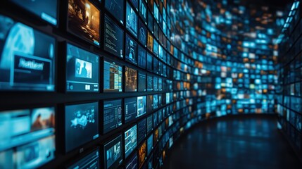 Wall of television screens broadcasting 24/7 news and media. Concept of internet, AI, and nonstop data, entertainment, and advertising.