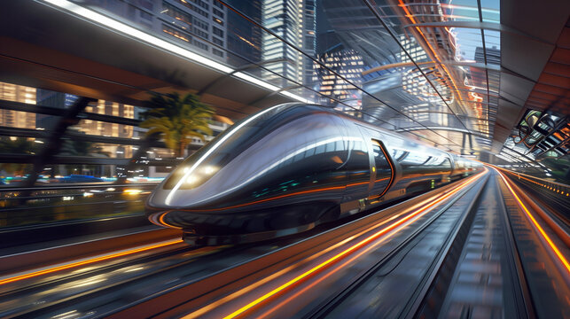 Futuristic transportation hub featuring hyperloop trains and autonomous flying vehicles for rapid urban mobility. Advanced infrastructure for efficient, high-speed travel and seamless connectivity.