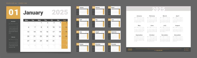 Set of 2025 Pages Monthly Calendar Planner Templates and annual. 3 Months on Page. Vector layout of a wall or desktop calendar with the week starting on Monday for printing. Pages size A4-21x29.7cm