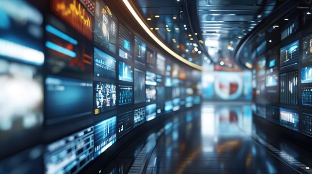 Blurred wall of television screens broadcasting 24/7 news and media. Concept of internet, AI, and nonstop data.