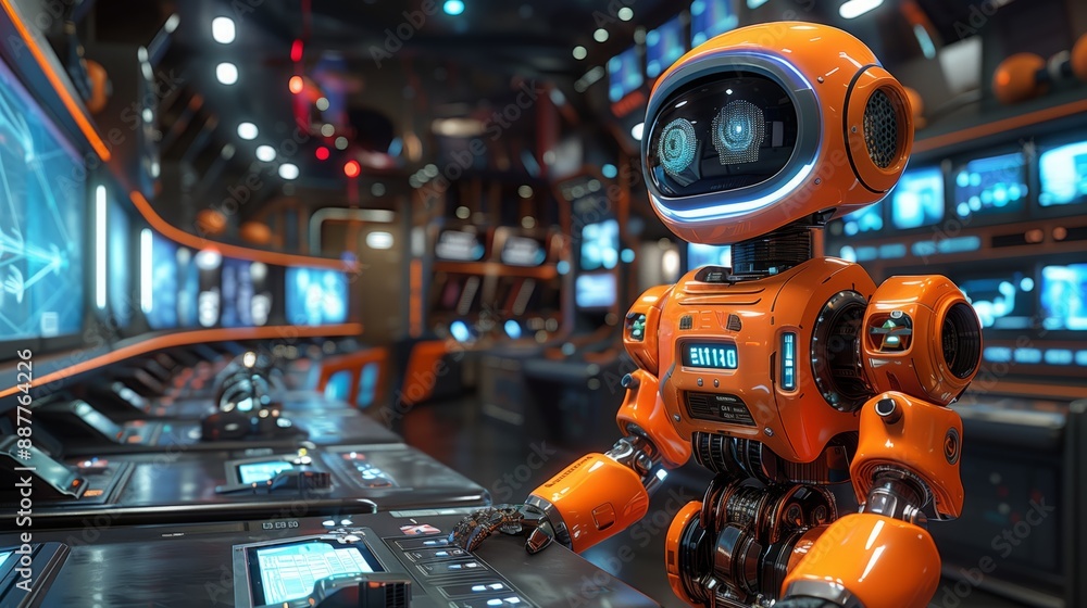 Poster a robotic system is being demonstrated in a futuristic control room, showcasing a virtual reality ex