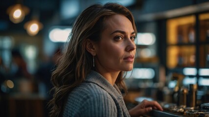 A woman with long hair stands in a cozy urban cafe, looking thoughtfully towards the camera, with a warm, blurred background.
