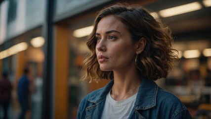 A woman with wavy hair and a denim jacket stands outdoors in an urban area, looking thoughtful with blurred city surroundings.
