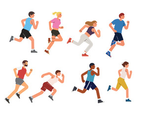 People are running a marathon. Men and women of different nationalities go in for sports together. Participation in sports races, athletic competitions. 