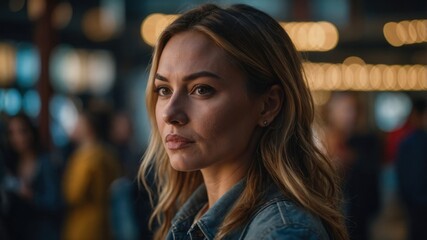 A woman in a denim jacket stands at an urban night market, with a serious expression and warm, blurred lights in the background.
