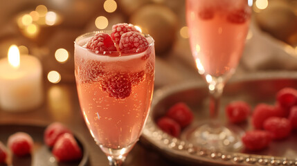 a sparkling raspberry lemonade mocktail, served in a champagne flute with fresh raspberries floating on top, set against an elegant background with a silver tray and candles