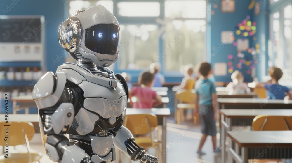 Poster Advanced robot standing in a colorful classroom with young students. Innovative learning environment with AI and robotics.