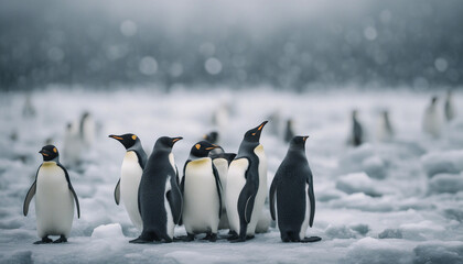 Obraz premium A colony of penguins huddling on the ice, overcast day 