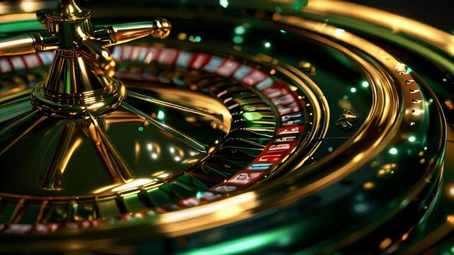 Luxurious roulette wheel in slow motion at casino gaming table, showcasing vibrant colors and high stakes atmosphere