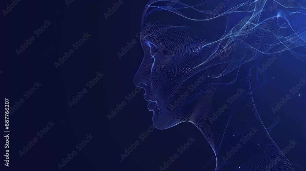 Poster side profile of a futuristic wireframe female face in blue. concept of artificial intelligence and d