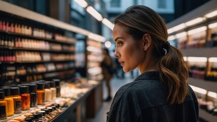 A woman with tied-back hair browses shelves of beauty products in a store, carefully considering her choices among various items.
