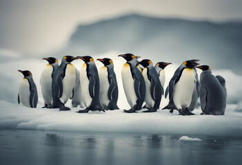 Obraz premium A colony of penguins huddling on the ice, overcast day 