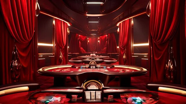 Elegant casino interior with red poker tables for cinematic slow motion video projects