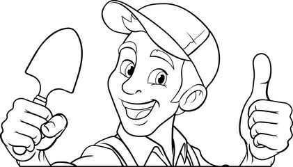 Naklejka premium A gardener, farmer or handyman cartoon mascot man holding a gardening tool