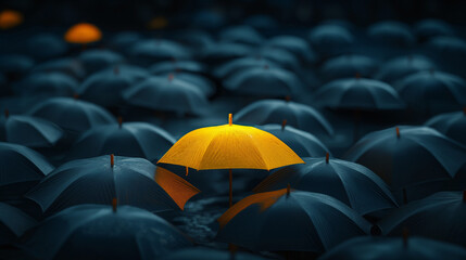 A multitude of dark-colored umbrellas, seemingly endless in number. Amidst this sea of umbrellas, a single bright yellow umbrella stands out, glowing with a warm light