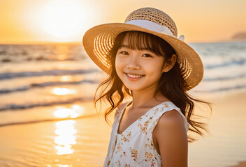 Asian girl in a sundress, posing on a beach with a wavy ocean behind her, during a sunset