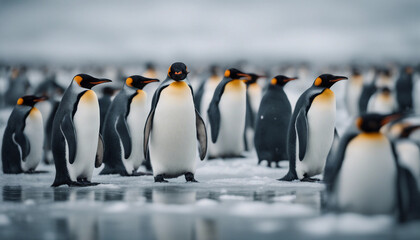 Fototapeta premium A colony of penguins huddling on the ice, overcast day 