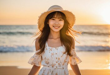 Asian girl in a sundress, posing on a beach with a wavy ocean behind her, during a sunset