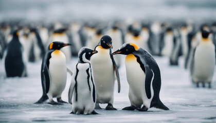 Obraz premium A colony of penguins huddling on the ice, overcast day 