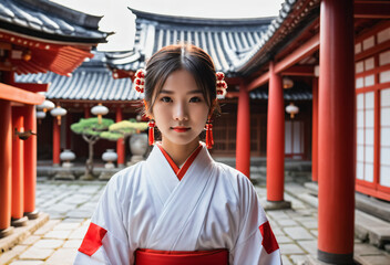 Asian woman dressed in a kimono posing inside a temple