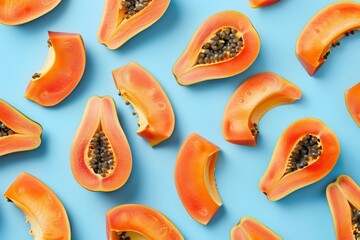 Tropical Papaya Slices on Blue Background