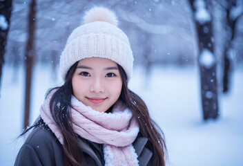 Cute asian girl dressed in cute and warm winter outfit, posing in the middle of a snowy forest