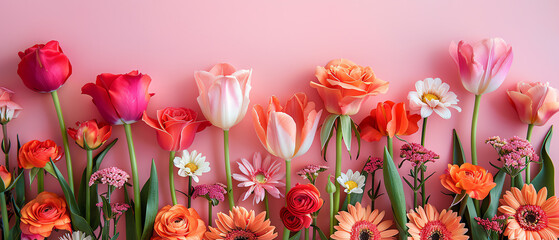 Obraz premium A variety of flowers in full bloom against a pink background.