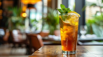 Glass of iced lemon tea with mint at luxury restaurant table