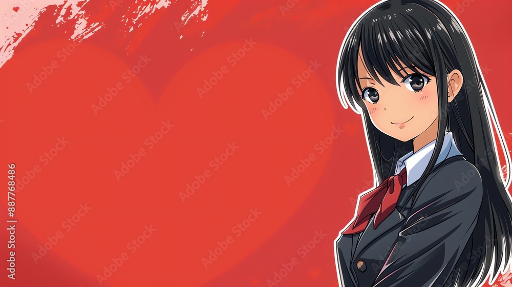 Wall mural A cartoon style illustration of an anime girl with long black hair and a red bow.