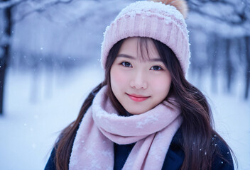 Cute asian girl dressed in cute and warm winter outfit, posing in the middle of a snowy forest