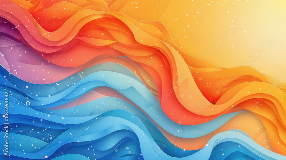 Poster vibrant abstract waves in orange, red, and blue hues, creating a dynamic and energetic visual compos