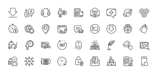 Workflow, No card and Typewriter line icons pack. AI, Question and Answer, Map pin icons. 24 hours, Luggage trolley, Sale tags web icon. Online payment, Last minute, 360 degrees pictogram. Vector