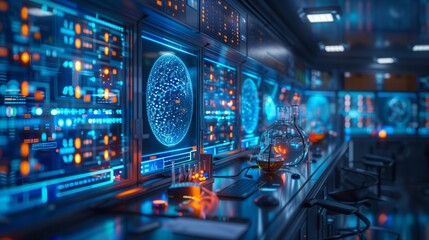 A high-tech lab at Costaposta, showcasing computer monitors displaying complex data visualizations, indicating ongoing research and development.