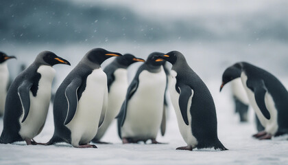 Fototapeta premium A colony of penguins huddling on the ice, overcast day 
