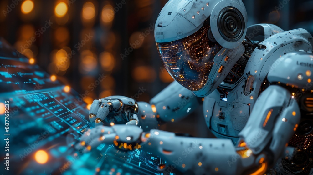 Poster a futuristic robot engineer works with scientists to develop a new technology in a high-tech lab set