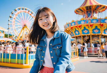 Young asian girl happily walking through an amusement park