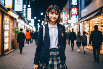 Asian woman smiling at the camera in the middle of a busy street at night