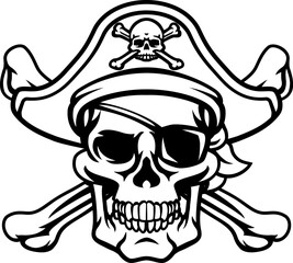 A pirate skull and crossbones jolly roger grim reaper cartoon wearing captain a hat and eye patch