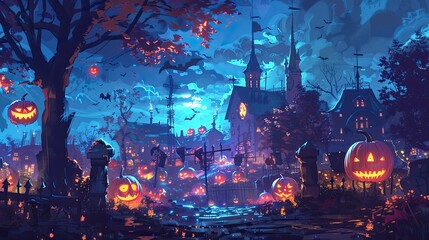 Fototapeta premium old house and many glowing strange pumpkins