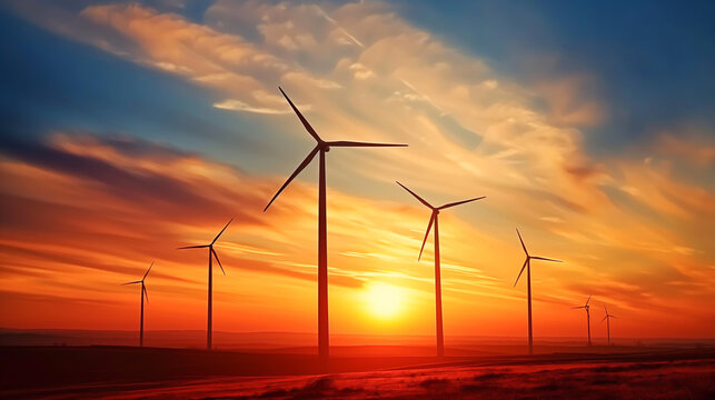 wind turbine at sunset, alternative green energy with eolienne wind turbine