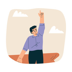 Look to Future with Man Character Point Finger Up in Sky View Horizon Vector Illustration
