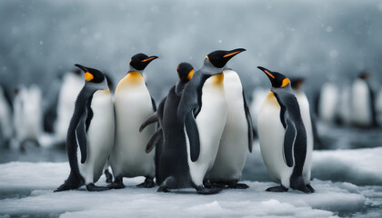 Fototapeta premium A colony of penguins huddling on the ice, overcast day 