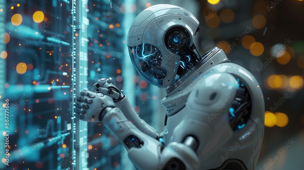 Poster a white robot with a futuristic design stands in front of a digital interface, interacting with data