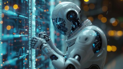 A white robot with a futuristic design stands in front of a digital interface, interacting with data streams in a vibrant, urban setting.