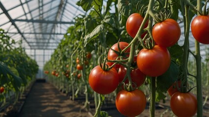 Ripe tomatoes on the vine in an organic greenhouse.