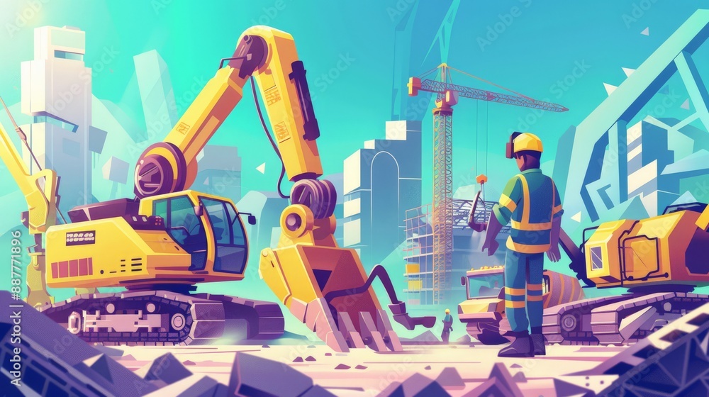 Poster engineers and robotic arms at construction site with modern skyscrapers. futuristic technology in ur