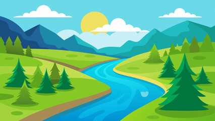 River landscape illustration with a view of green fields, mountains, and trees