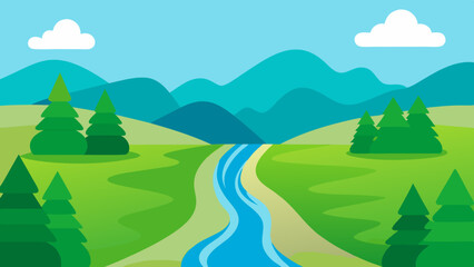 Obraz premium River landscape illustration with a view of green fields, mountains, and trees